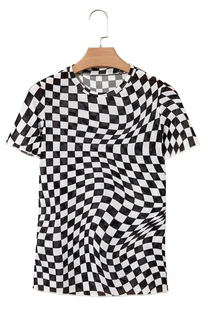 Black Checker Mesh Crew Neck T Shirt for Women Fashion - Love Salve